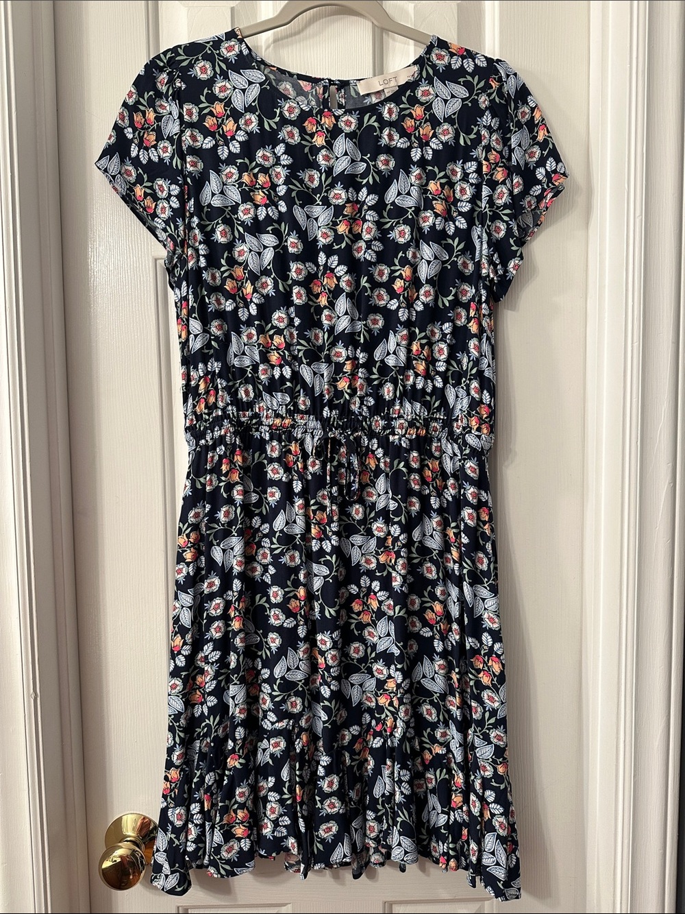 LOFT Navy Floral Short-Sleeve Elastic-Waist Dress with Ruffle Hem